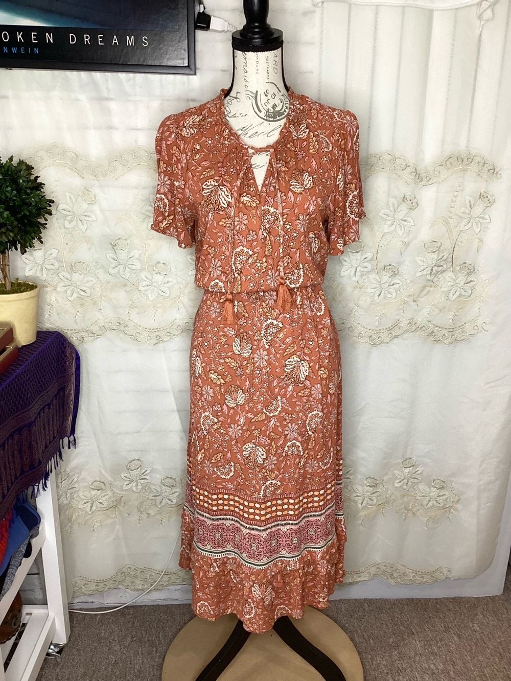 Knox Rose Floral Short Sleeve Midi Dress Medium Boho Cottagecore Festival